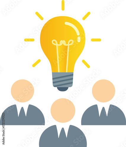 Three people looking at a glowing yellow light bulb with radiating lines idea teamwork