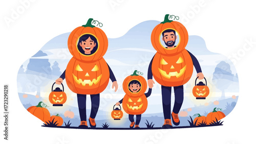 Halloween Family Fun: A family dressed in pumpkin costumes, each carrying a lantern, embarking on a festive adventure, embodies the spirit of All Hallows' Eve with joy.