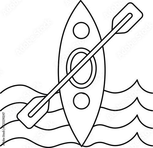 Black and white outline of a kayak with paddle on wavy water waves