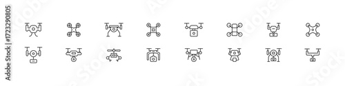 Drone icon set. Isolated drone vector set. Flying drone line icon set.