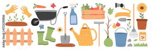 Garden cartoon set. Gardening equipment vector set. Farming signs. Isolated gardening equipment set.