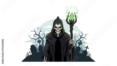 Grim Reaper's Spectral Staff: An illustration of the Grim Reaper stands in a desolate graveyard, brandishing an eerie staff, with a haunted backdrop.