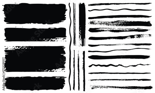 Brush line set. Calligraphy paint strokes. Vintage Chinese brushstrokes. Straight long hand drawn stripes vector sketch. Abstract black ink grungy lines, borders, underlines collection. Stock-Vector