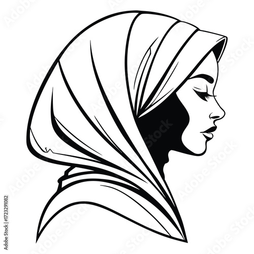 Elegant profile silhouette of a woman wearing a detailed hijab artistic line art