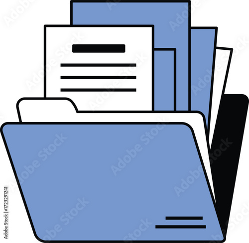 Blue file folder with white and blue documents inside paperwork organization