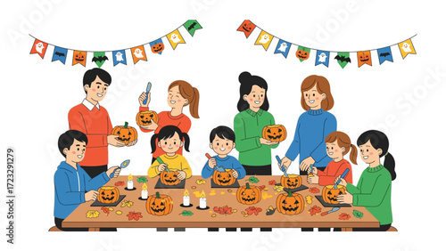 Family Pumpkin Carving Gathering: Capture the spirit of togetherness as a family gathers around a table adorned with pumpkins, carving tools, and festive decorations, celebrating the art of Halloween.