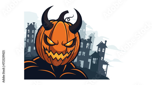 Spooky Halloween Jack O'Lantern: A menacing Jack O'Lantern with a devilish expression and horns, set against a backdrop of haunted houses, capturing the spooky essence of Halloween.