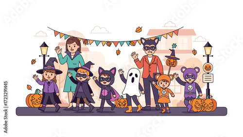 Halloween Street Parade: A spirited Halloween street parade featuring children in festive costumes and adults joining in the fun, embodying the thrill of the season. 