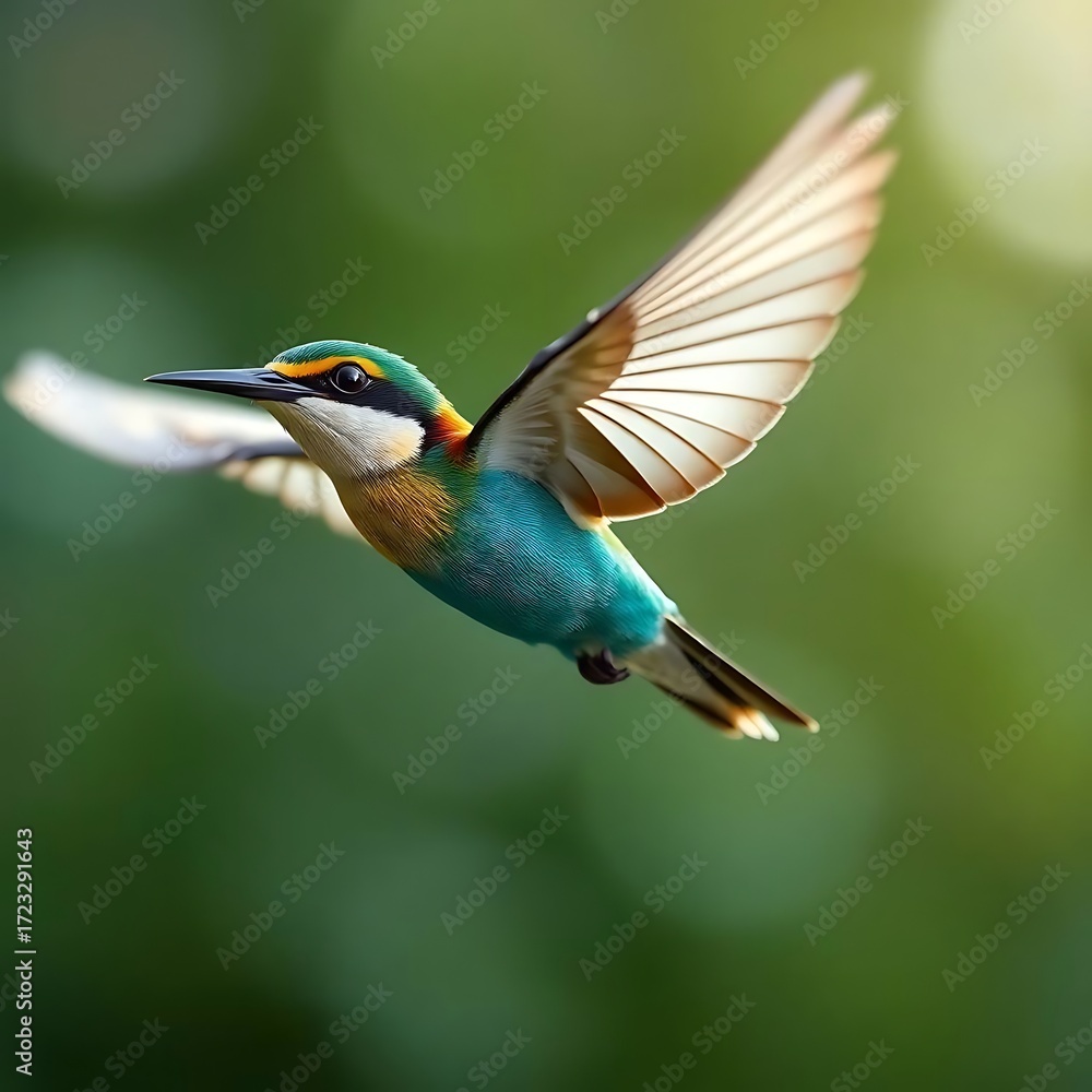 Obraz premium A realistic exotic bird with deep blue and white plumage, perched on a mossy rock in the mountains, cool misty atmosphere, natural lighting, highly detailed close-up shot, 8K wildlife photography styl