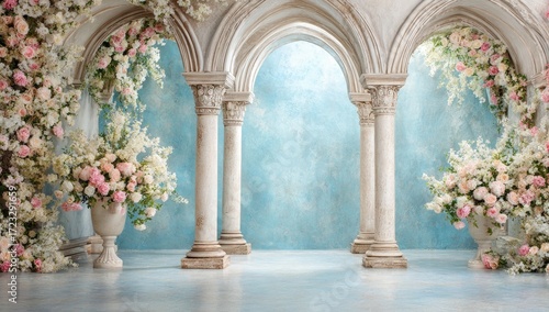 Fototapeta Naklejka Na Ścianę i Meble -  Elegant, floral colonnaded hall.  Pastel arches, columns, and walls adorned with cascading pink and white blossoms