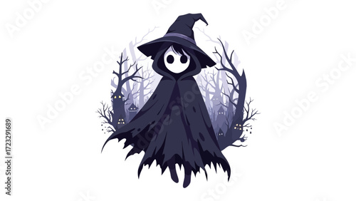 Mysterious Witch in a Halloween Forest: A solitary witch, enveloped in a dark cloak and wide hat, stands amidst a spooky forest setting.