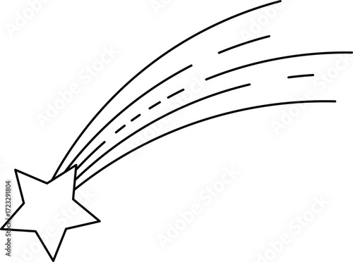 Black outline of a five pointed star with a trailing streak shooting star comet