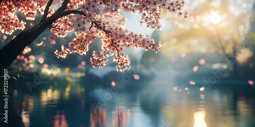 Cherry Blossom Branches Over Water with Soft Sunset Light
