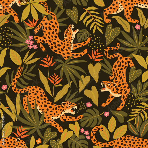 Vector seamless pattern with asian leopards, flowers, and tropical leaves. Trendy style