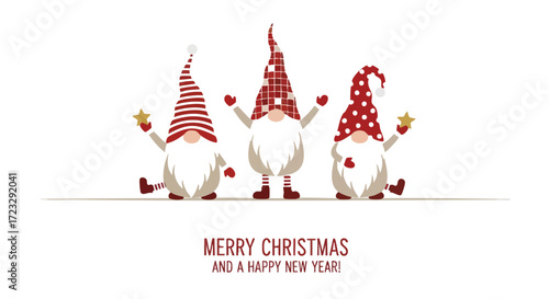Three adorable Christmas gnomes with festive red and white hats holding golden stars, wishing Merry Christmas and a Happy New Year.