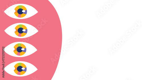 Repeated surreal eyes aligned vertically on abstract pink background