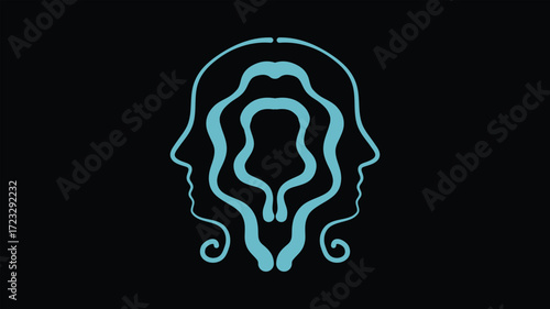 Symmetrical blue abstract faces forming surreal mirrored line composition