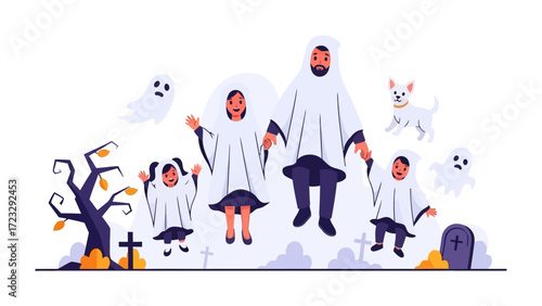 Family Halloween Fun: An illustration captures a family's Halloween spirit, with children dressed in playful ghost costumes floating through a cartoonish Halloween scene.