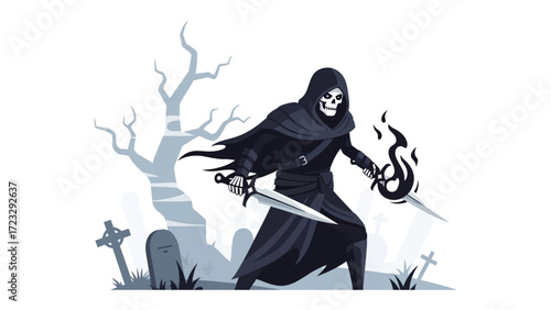 Shadow Specter in the Graveyard: An intimidating skeletal figure, cloaked in shadows, brandishes a flaming sword and a cold blade within a somber graveyard. Evoking a sense of mystery and foreboding.
