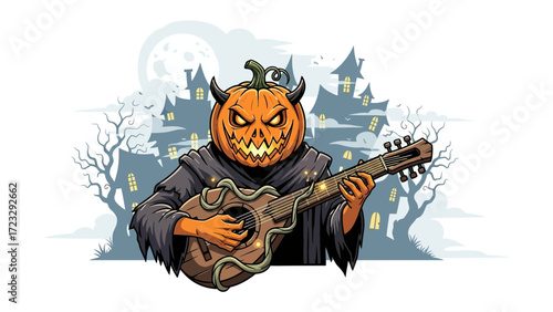 Halloween Musician: A whimsical illustration depicts a spooky pumpkin-headed musician serenading with his guitar in front of a haunted house, under the eerie glow of a full moon.