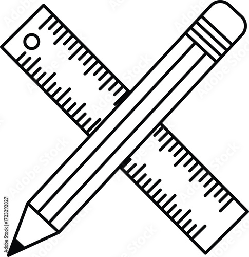 Crossed pencil and ruler icon black and white line art measuring drawing