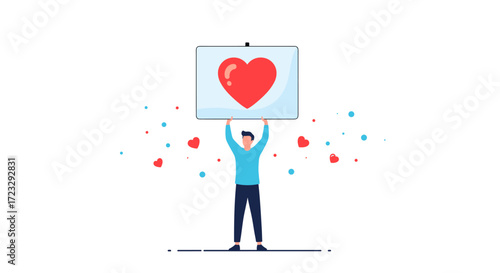 Man Holding a Big Red Heart Symbol on a White Board.
