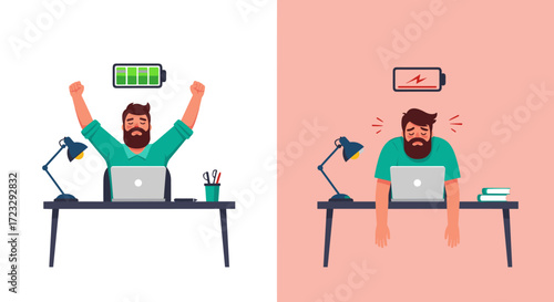 Man with full battery and man with empty battery at desk.