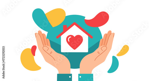 Hands holding a house with a heart symbol representing care and love.