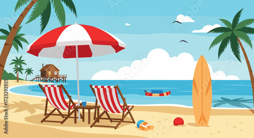 Tropical Beach Scene with Chairs Umbrella and Surfboard.