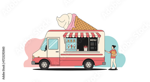 Ice cream truck with a giant ice cream cone on top and a customer.