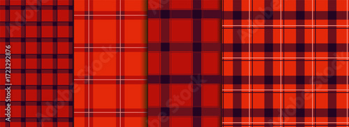 Red geometric plaid seamless pattern set. Traditional square gingham background collection. Checked wallpaper print, checker mosaic grid tartan texture bundle.
