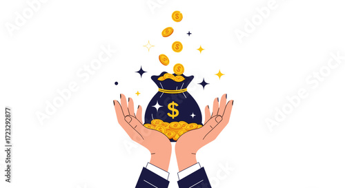 Hands holding a money bag overflowing with gold coins and sparkles.