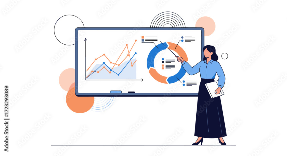 Fototapeta premium Businesswoman presenting financial data on a whiteboard with charts and graphs.