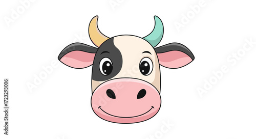 Cute cartoon cow face with black and white spots and colorful horns.