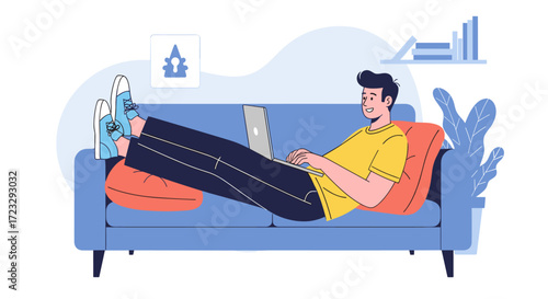 Man Relaxing on Sofa Working on Laptop.