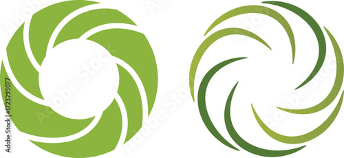Two abstract green swirling shapes on white background circular