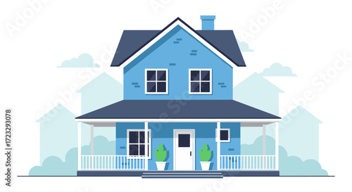 Blue Two Story House with Porch and Chimney.