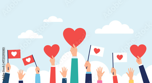 People Holding Hearts and Flags Celebrating Love and Unity.