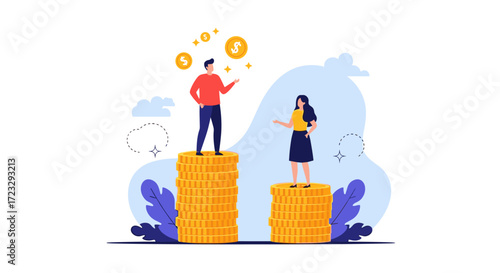Gender Pay Gap Concept Illustration with Coins and People.
