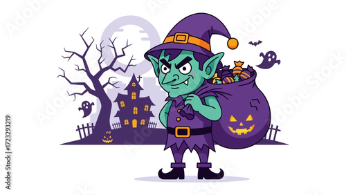 Halloween Goblin Illustration: A whimsical illustration of a mischievous goblin, bearing a sack brimming with candies. He is set against a Halloween themed background