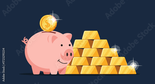 Piggy Bank With Gold Bars And Coin.