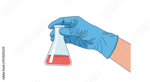 Hand in blue glove holding flask with red liquid.