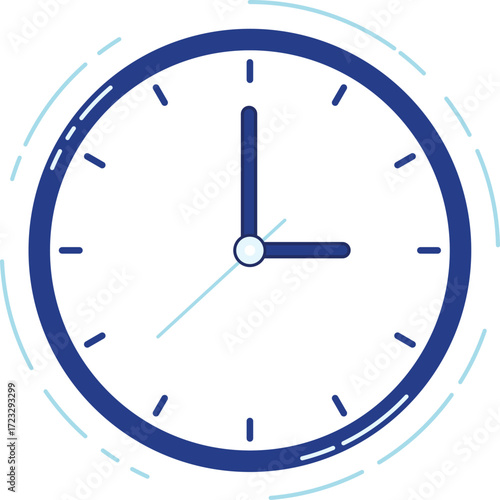 Simple blue clock face showing three oclock with light blue accents time analog clock