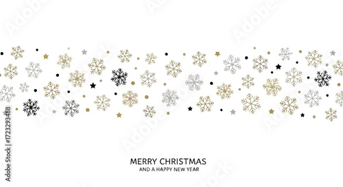 Elegant golden and silver snowflakes falling gently on a crisp white background for festive holiday greetings and winter celebrations