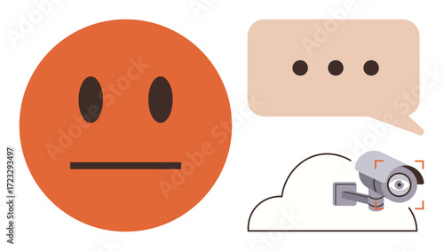 Neutral face emotion alongside a speech bubble with ellipsis and a surveillance camera in a cloud outline. Ideal for emotion, communication, privacy, security, surveillance, AI, and data. Simple flat