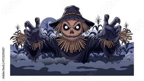 Spooky Scarecrow Amidst Cornfield: An intimidating scarecrow emerges from a cornfield, with its haunting visage and outstretched hands, evoking a sense of eerie Halloween atmosphere.