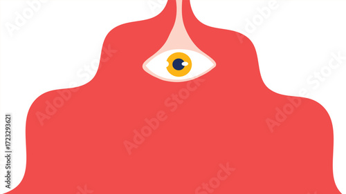 Red surreal melting shape with central yellow symbolic eye