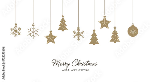Elegant gold Christmas ornaments and snowflakes hang gracefully above a festive 'Merry Christmas and a Happy New Year' greeting