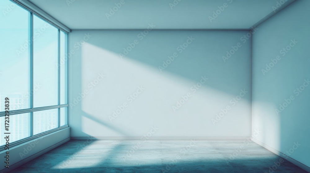 Fototapeta premium A minimalist empty room with light blue walls and large windows allowing natural light to fill the space,