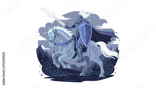 Noble Knight on a Steed: A valiant knight, clad in shining armor, rides gallantly on a powerful steed, brandishing a gleaming sword amidst a dramatic, stylized landscape.